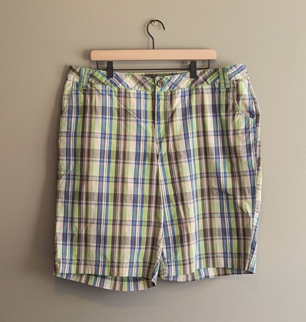Lane Bryant Womens Size 20 Plus Green Blue Brown Plaid Flat Front Cotton Shorts